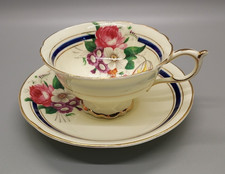Paragon Tulip Rose Floral Teacup & Saucer Double Warrant Pale Yellow Blue Ring