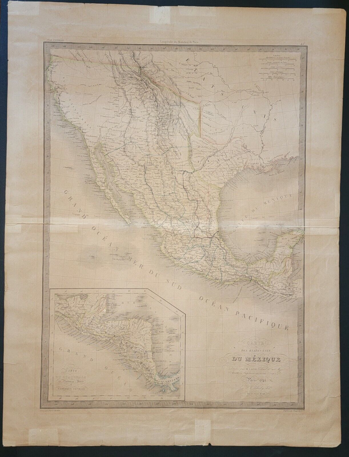 RARE Carte Des Etats-Unis du Mexique ☆ Lapie Paris 1842 ☆ REPUBLIC OF TEXAS Map