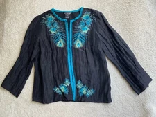 Citron Santa Monica Jacket Top S Silk Linen Embroidered Peacock Feather Asian