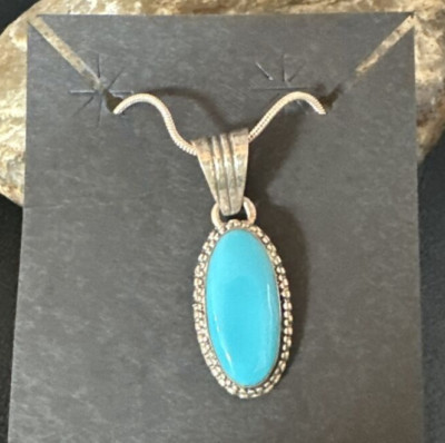 Blue Turquoise Pendant Navajo Sterling Silver Chain Necklace 20'' 12601