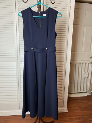 Calvin Klein V Neck For Flare Navy Blue Dress Gold Buttons Seen On Belt  Size 2 | eBay