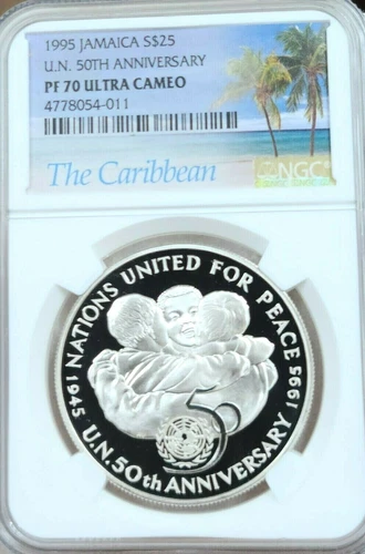 1995 JAMAICA SILVER 25 DOLLARS UNITED NATIONS NGC PF 70 ULTRA CAMEO PERFECTION