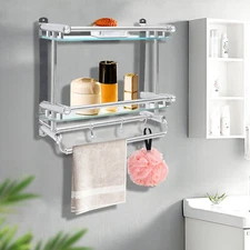 Bathroom Towel Rack with Shelf Hooks 2 Tier Wall Mounted Storage Organizer Rack