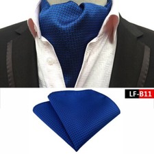 Classic Men's Ascot Cravat Tie Silk Checks Plaids Blue Scarf Cravat Hanky Set
