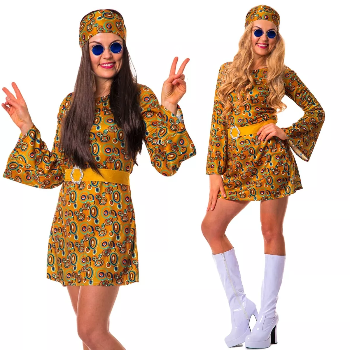 60s 70s Hippy Chick Costume Gogo Fancy Dress Ladies Hippie Outfit 8-16  Adults