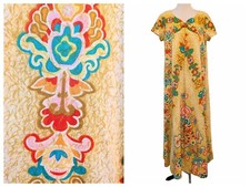 Vintage Malihini Hawaii Womens Sz M/L Yellow Gold Floral Bow Aloha Midi Dress