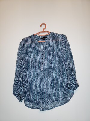 Fred David Womens Petite M PM Blouse Roll Tab Sleeve Blue Geometric Sheer Office