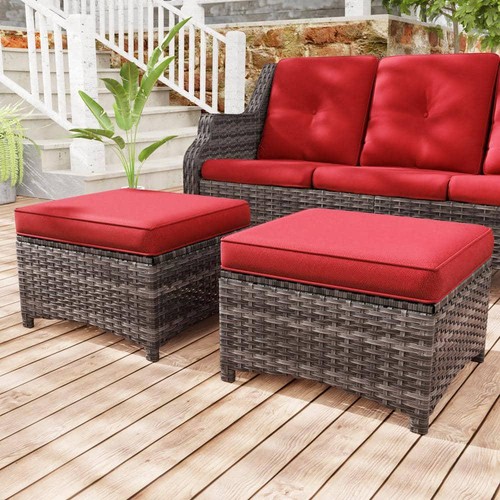 JOYSIDE Outdoor Patio Ottoman 22" x 18" Wicker Brown w/ Red Cushions (Set of 2) - Picture 3 of 7