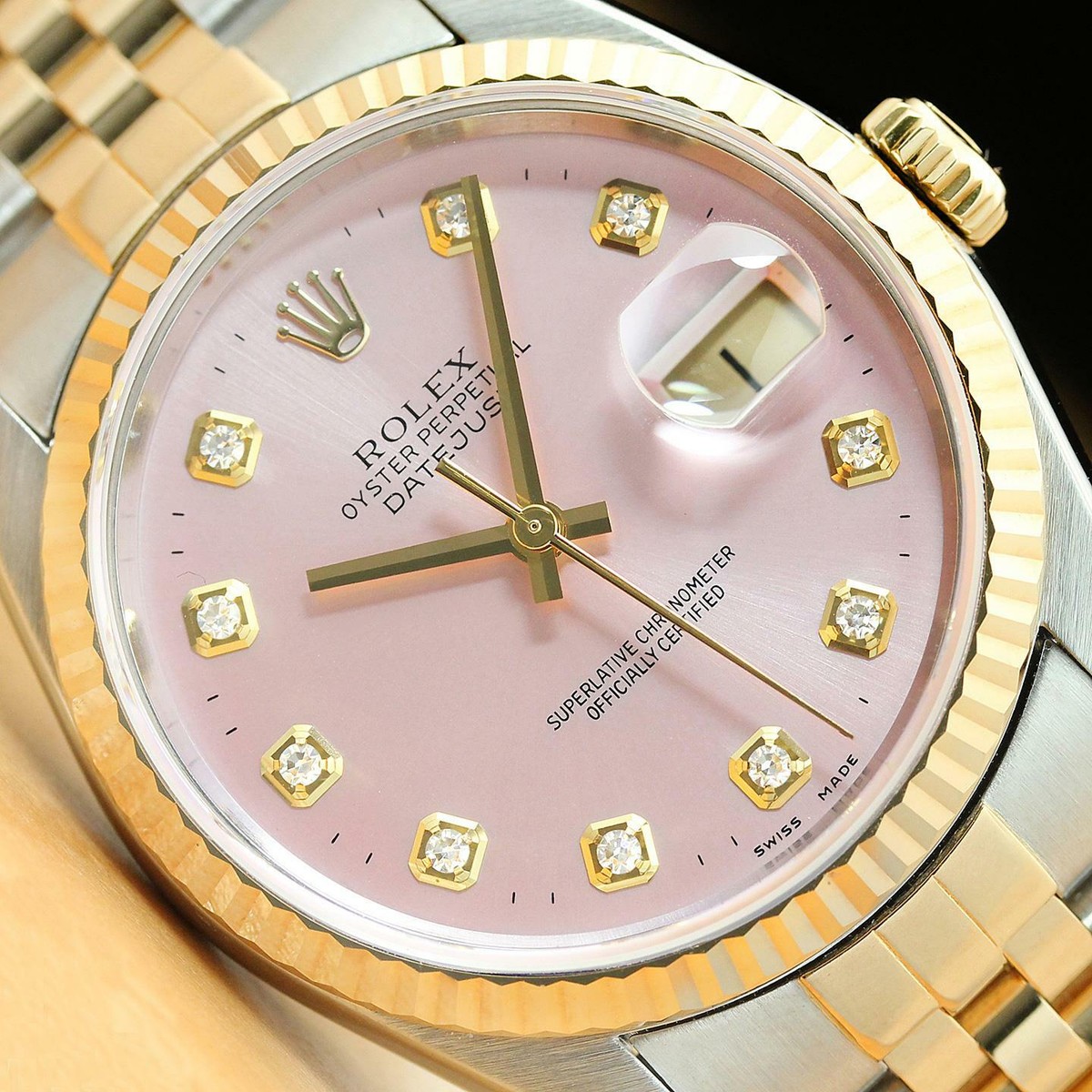 ROLEX MENS DATEJUST 16233 PINK DIAMOND 18K YELLOW GOLD STEEL