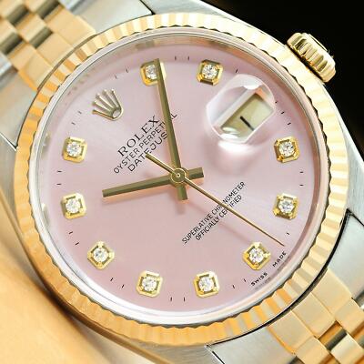 ROLEX MENS DATEJUST 16233 PINK DIAMOND 18K YELLOW GOLD & STEEL