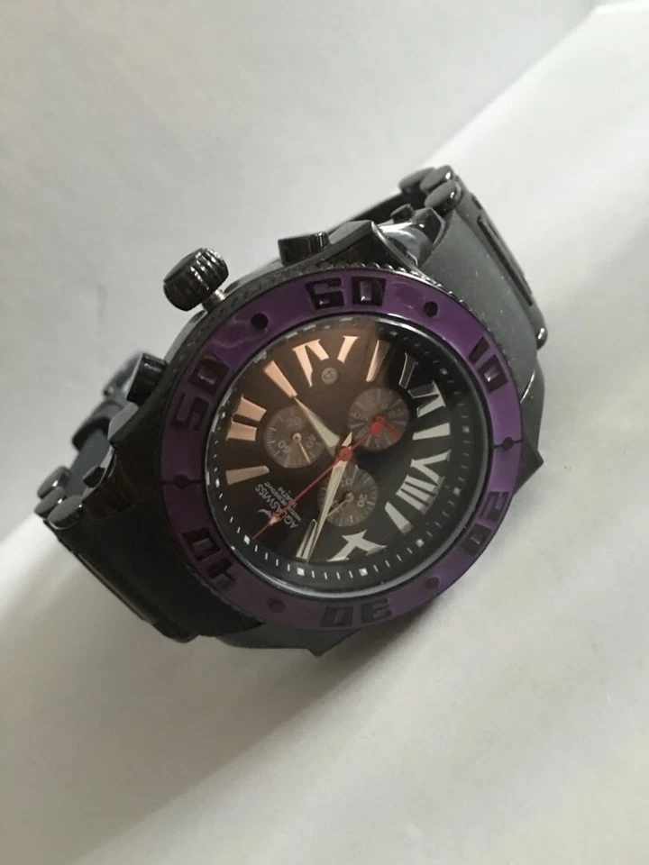 AQUASWISS Cronógrafo SWISSport Reloj Suizo Hombre Negro Púrpura 50mm Nuevo Foto 3 de 4