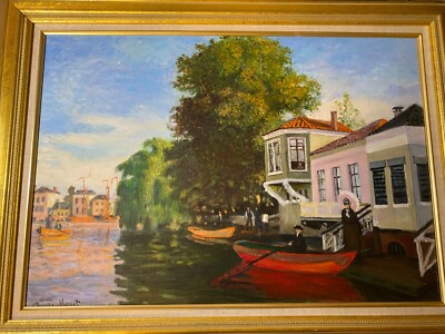 Tom King (1925 - 2017) After Monet ''The Zaan at Zaandam'' Oil Painting - Framed