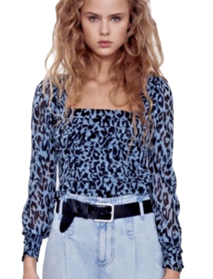 ZARA - M Cheetah / Leopard Puffed Sleeve Crop Top Stretchy Shirt Med 8 / 10  106