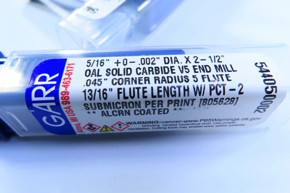 LOT ( 2 PCS ) GARR 5/16" SOLID CARBIDE 5 FLUTE MACHINIST END MILLS CNC TOOLS - Image 4 of 4