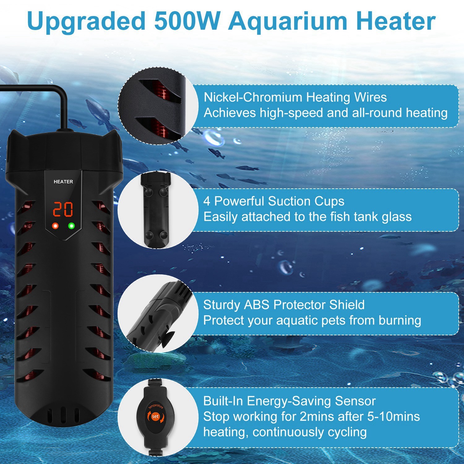 500W Aquarium Heater Submersible Water Heating Pad Adjustable Fish Tank Heater