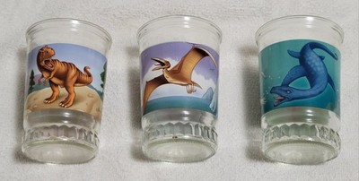 3 Vintage Welch s  Bama Dinosaur Jelly Jar Glasses Tyrannosaurus Pteranodon