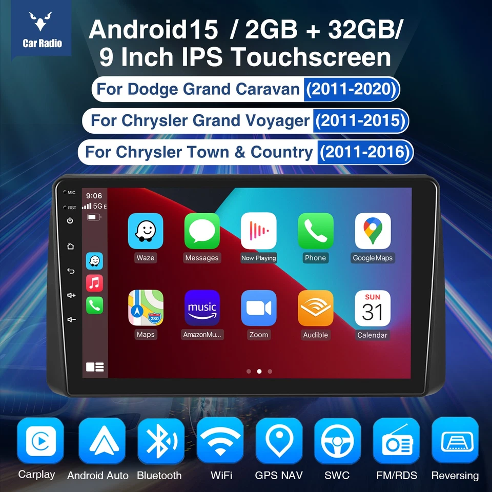 Radio estéreo de coche Android 15 para Dodge Grand Caravan 2011-2020 Apple Carplay GPS Foto 2 de 4