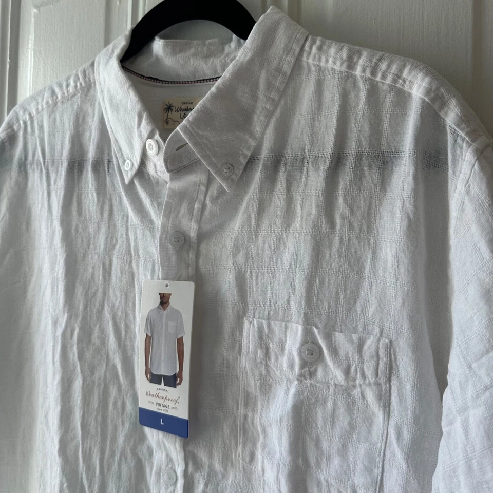 Camisa de vacaciones resistente a la intemperie vintage para hombre blanca mezcla de lino con cuello abotonado Foto 2 de 4