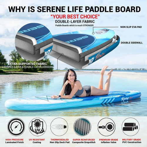 SereneLife Inflatable Stand Up Paddle Board Wide Stance, (6 Inches Thick) - Picture 5 of 7