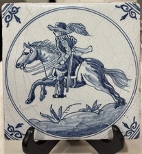 Antique Delft Blue And White Tile Man On Hors...