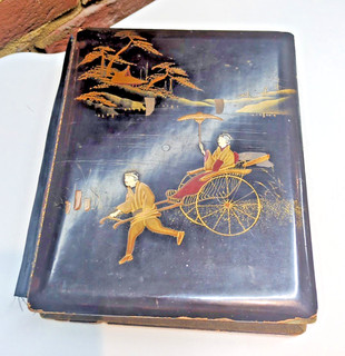 ANTIQUE JAPANESE BLACK LACQUER PHOTO X24 POSTCARD ALBUM COLLOTYPE