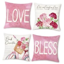 Pink Floral Throw Pillow Covers 18x18 Set of 4 Pink Carnation Love Bless