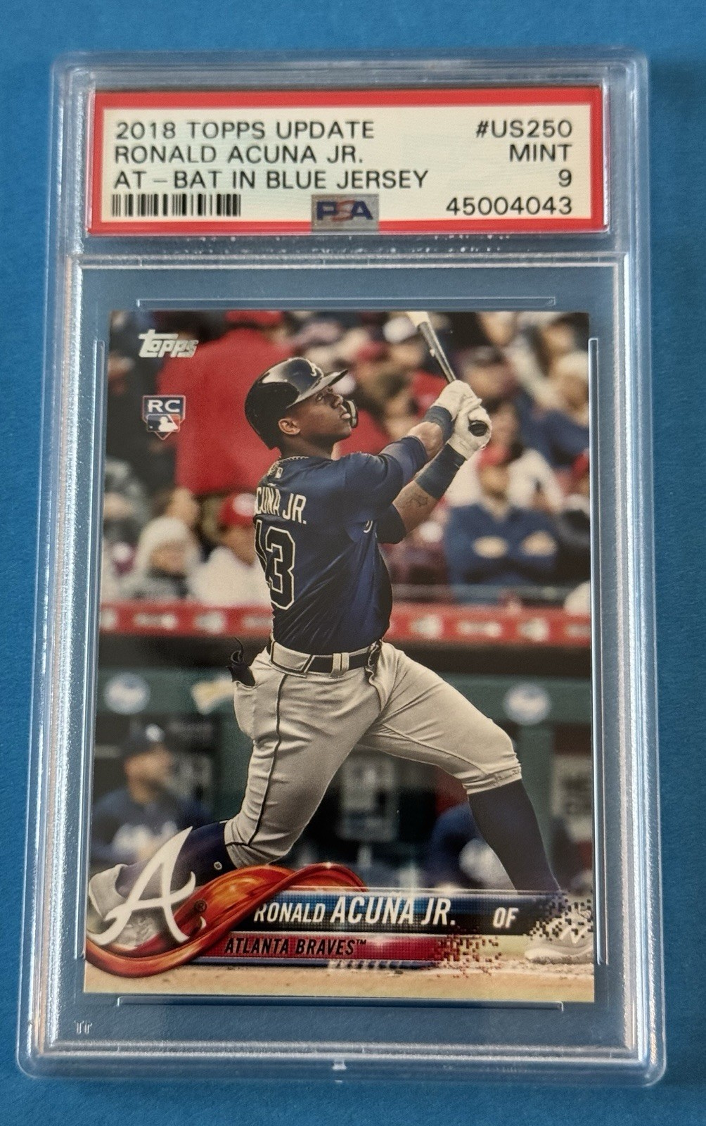 2018 Topps Update Ronald Acuna Jr. US250 Rookie PSA 9  At Bat Braves Blue Jersey view 5