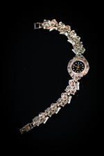 925er Silber Damen Uhr – Markasit & Zirkonia – Vintage – schwarzes Ziffernblatt