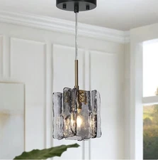LNC 4.7 in. Black Mini Pendant Light with Brass Accent and Textured Glass Shade