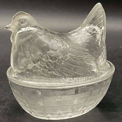 Luminarc Clear Hen on Nest Basketweave Salt Cellar Candy Dish France 4.75''t