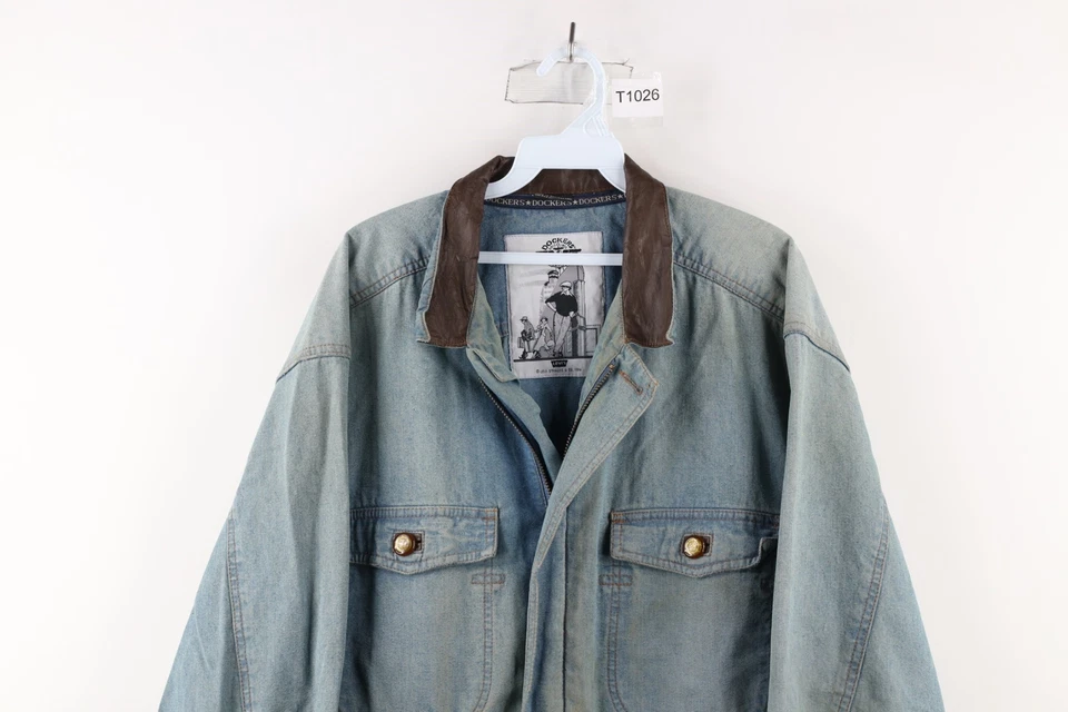 Vintage 80s Dockers x Levis Mens Medium Distressed Leather Collar Denim Jacket - Image 2 of 4