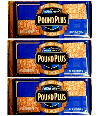 3 X Trader Joe's Pound Plus Belgium Milk Chocolate with Almonds Bars 17.6 oz