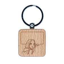 Flirty Anime Manga Girl Empty Speech Text Bubble Engraved Wood Square Keychain
