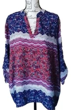 Liberty Love Top XL Chevron Silky Boho Hippie Tab Sleeve Popover Peasant Shirt