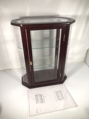 Vintage Octagonal Glass Shelf Curio Cherry Display Wood Knick