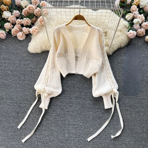 Lady Knitted Cardigan Top Coat Puff Sleeve Crop Winter Cute Casual Sweater Sweet - Imagen 4 de 19