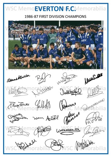 12764. Everton 1986-87 Season Signed Team Photo Sheet PRINTED AUTOS A4 Champions