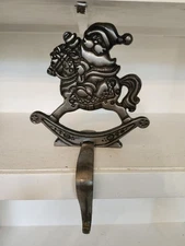 Cast Iron Stocking Holder Santa On Rocking Horse Heavy Duty Pewter Finish