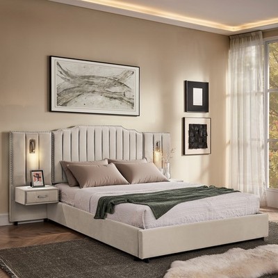 Queen Velvet Upholstered Bed Frame with Headboard Nightstand, Beige