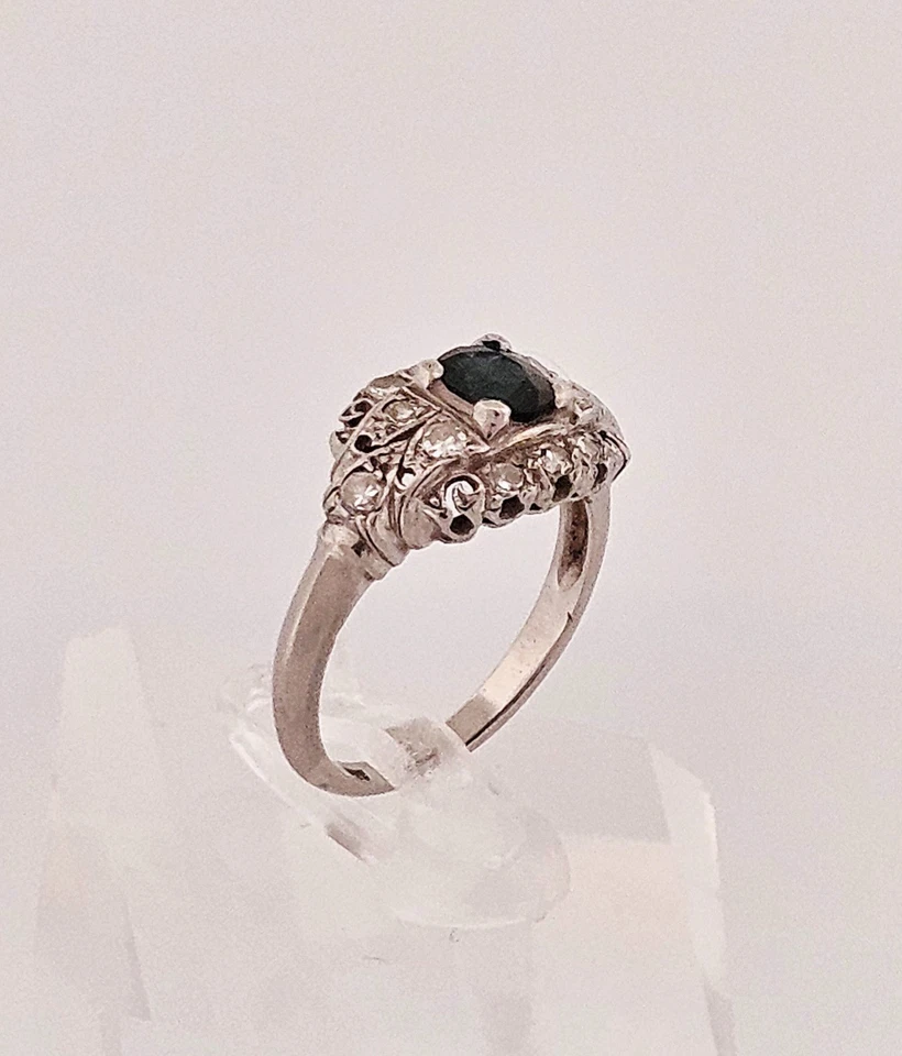 Anillo paladio art deco aprox. 0,70 quilates tw zafiro genuino y diamantes talla 4,25 Foto 3 de 4