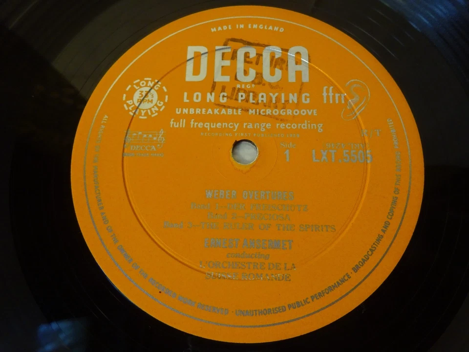 WEBER - OVERTURES LP, Suisse Romande, Ansermet, DECCA LXT 5505 - Image 3 of 4