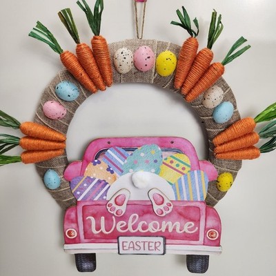 Easter 14'' Spring Decorated Bunny Carrots & Colorful Eggs Welcome Door Wreath