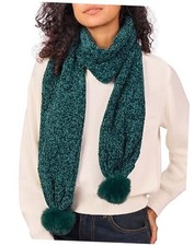Womens Chenille Scarf with Pompom Winter Knit Warm Scarves for Cold Green