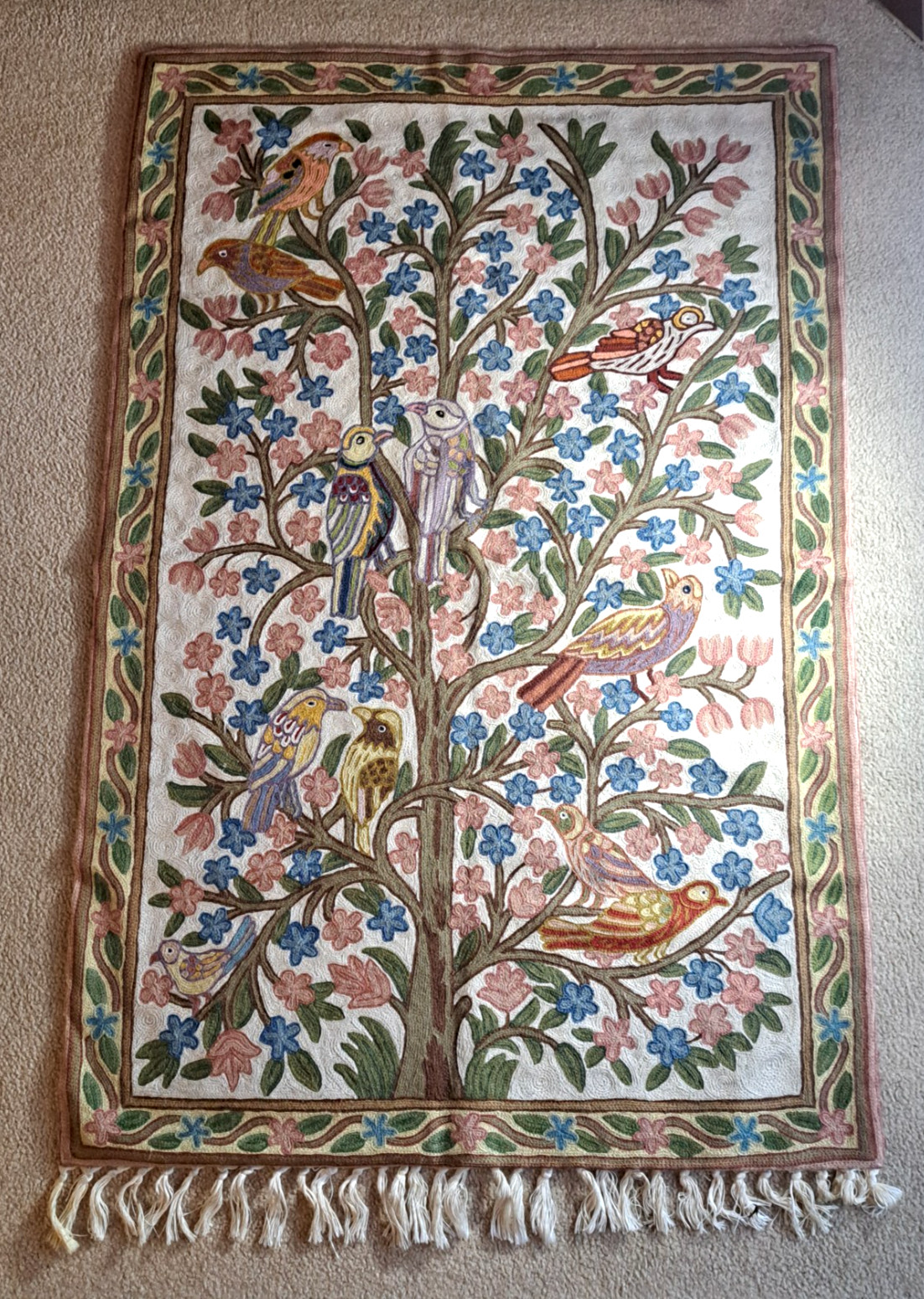 Vintage Kashmir Chain Stitch Tree Of Life Wool Crewel 48" x 30" Rug Wall Hanging
