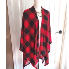Red Black Buffalo Plaid Open Front Shawl Wrap Poncho Cape one size plus