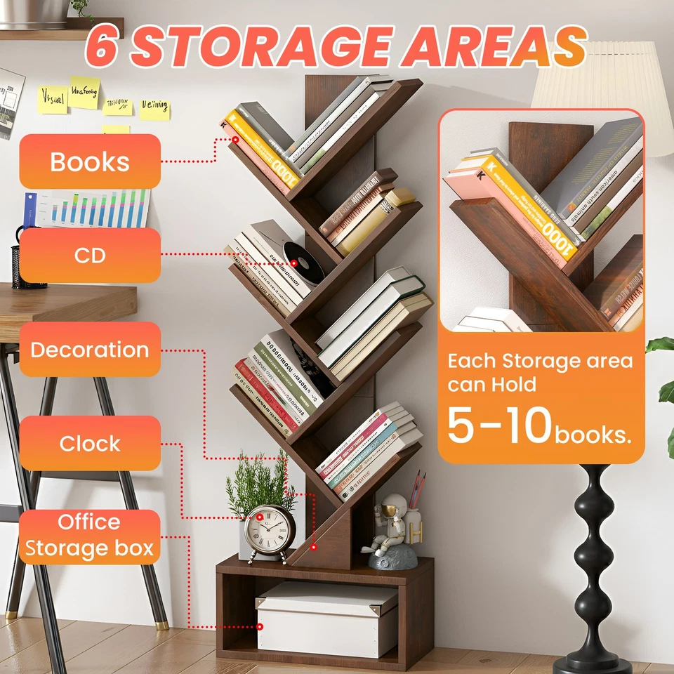7 Tier Tree Bookshelf, Rustic Brown Floor Standing Bookcase with Storage Cabinet - Image 2 of 4