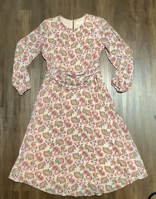 Boden Sz8P Women s Pink Floral Summer Midi Dress Long Sleeve