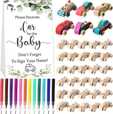 WinnerWhy Baby Shower Game Sign Kit Includes 32 Unfinished Wooden Car Blocks 12