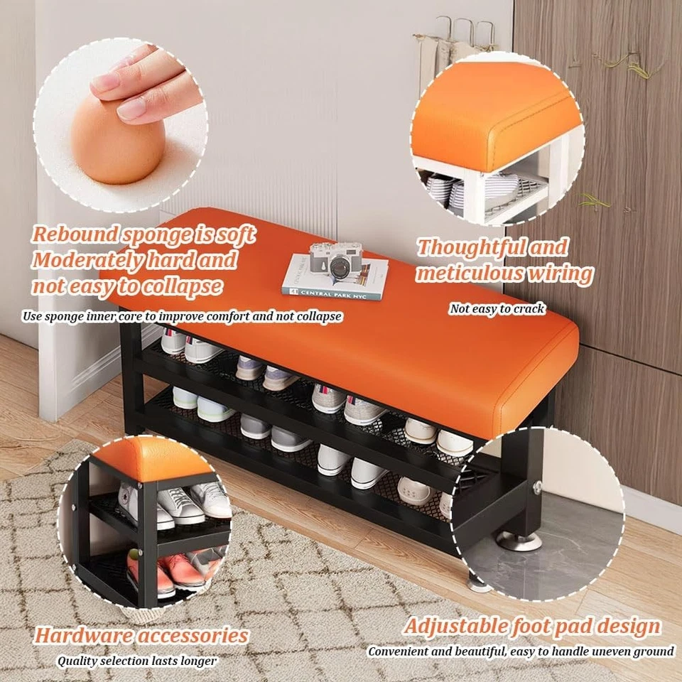 2-Tier Shoes Storage Cabinet Bench PU Leather Cover Shoe Rack Organizer Entryway - Image 4 of 4