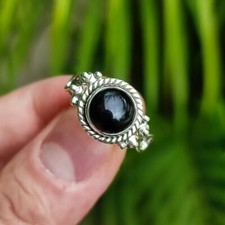 925 Sterling Silver Cabochon Round Black Onyx Handmade Ring Genuine Jewelry